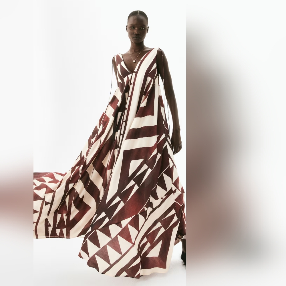 NWT H&M A-line Voluminous Maxi Dress Rust Red/patterned 1294545001 XS S M